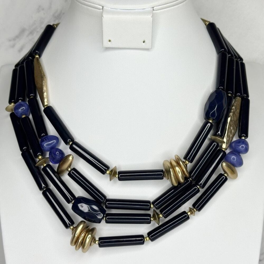 Chico's Chunky Navy Beaded Gold Tone Necklace ✨